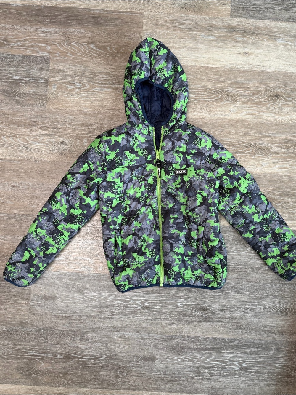 GAS Kids' Neon Green & Gray Camo Reversible Hooded Puffer Jacket